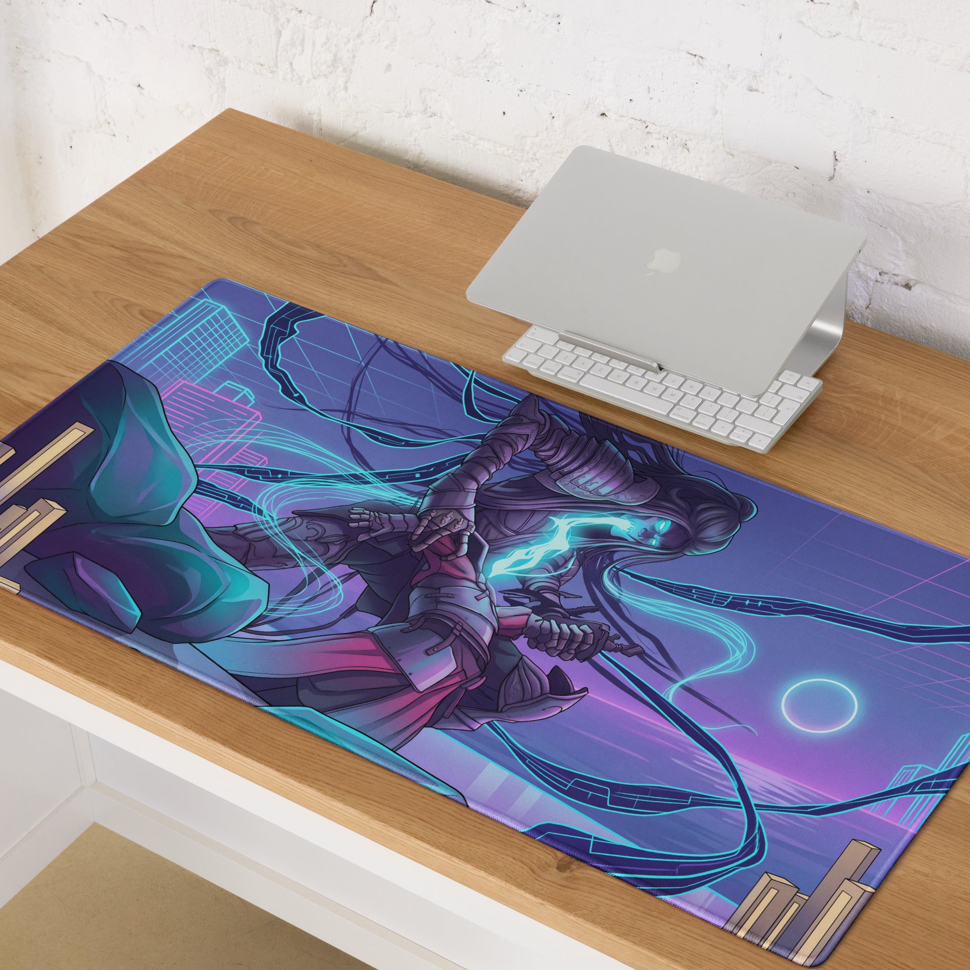 Narrow rectangular neon vaporwave gaming mouse pad with vibrant blue and purple cyberpunk cityscape and characters
