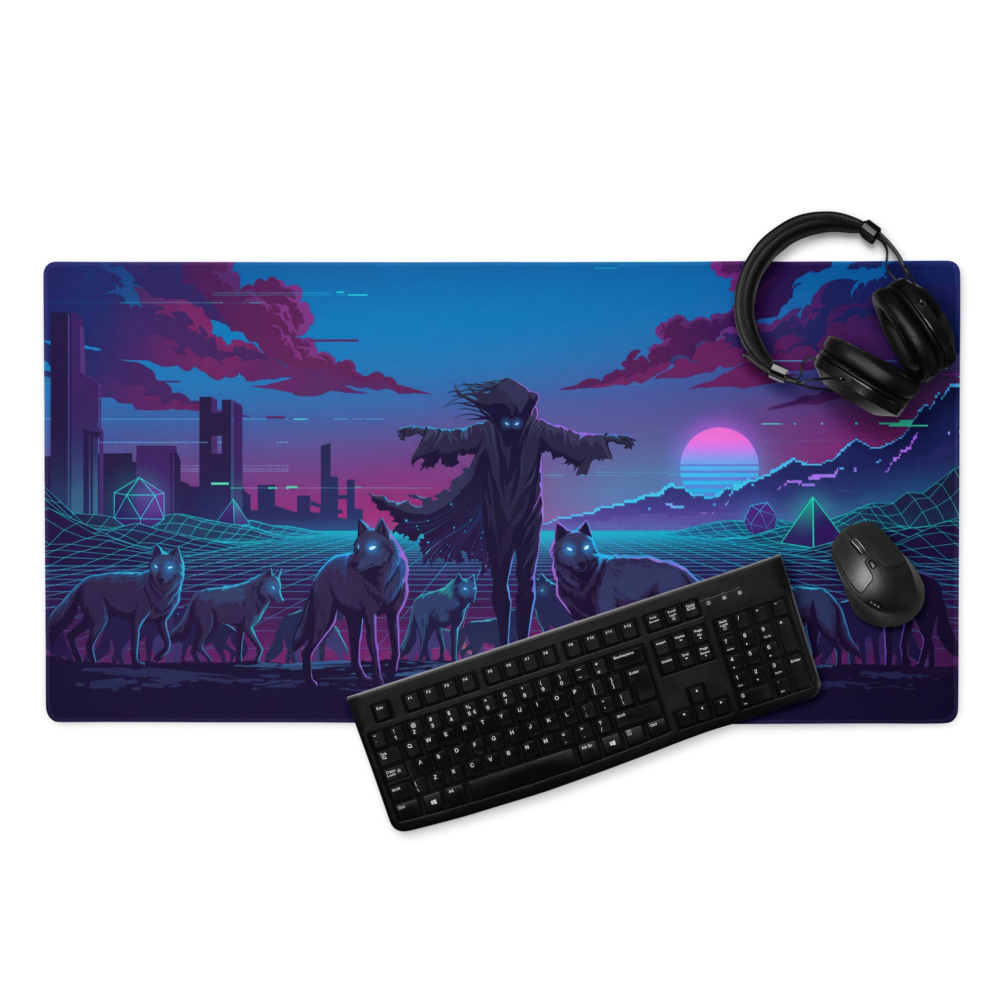 Vaporwave wolf neon mouse pad featuring a nineties-inspired neon cyberpunk hooded figure and glowing wolves in purple blue pink hues