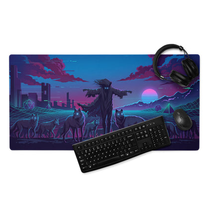 Vaporwave wolf neon mouse pad featuring a nineties-inspired neon cyberpunk hooded figure and glowing wolves in purple blue pink hues