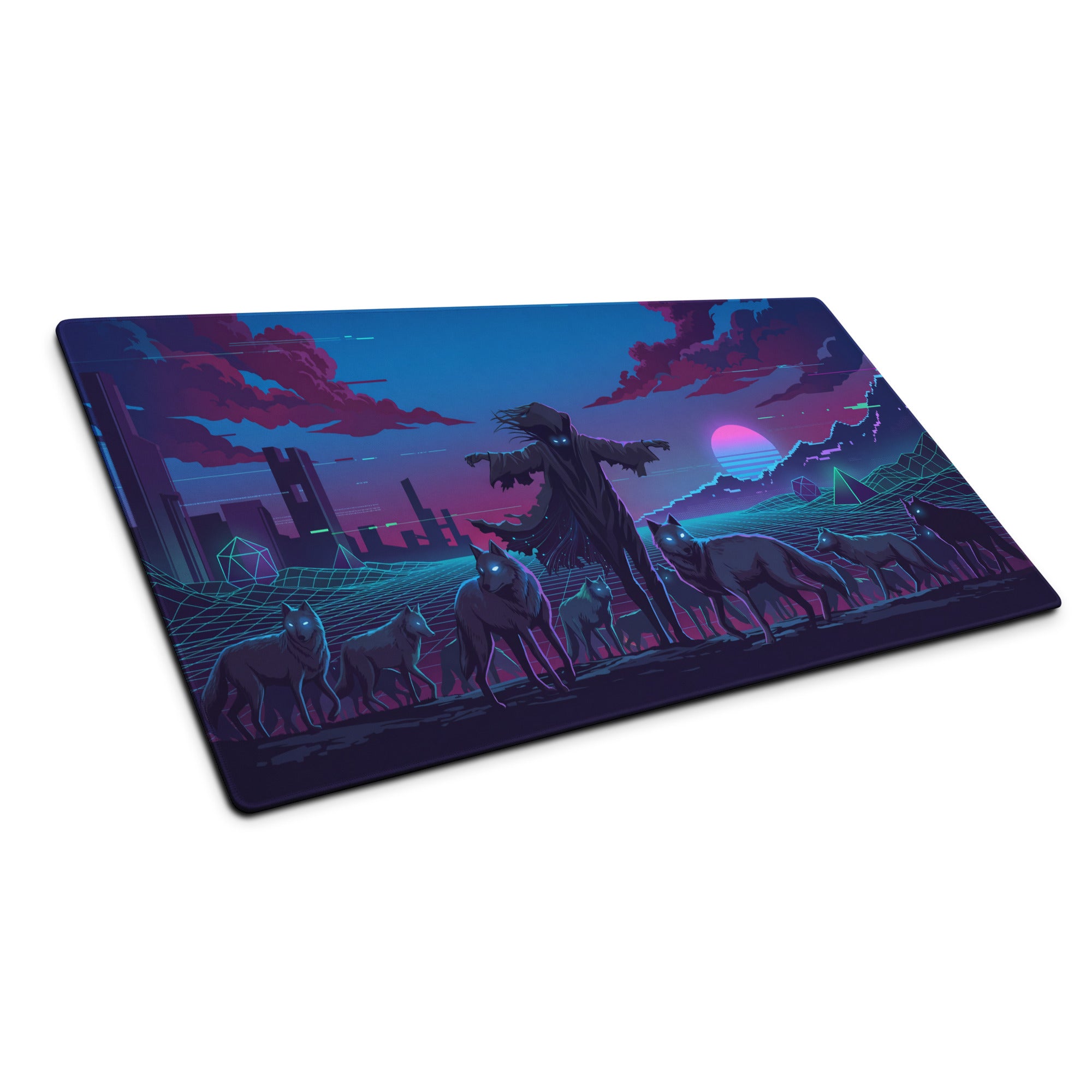 Vaporwave wolf neon mouse pad with vibrant purple blue cyberpunk landscape glowing wolves and skeletal figure design
