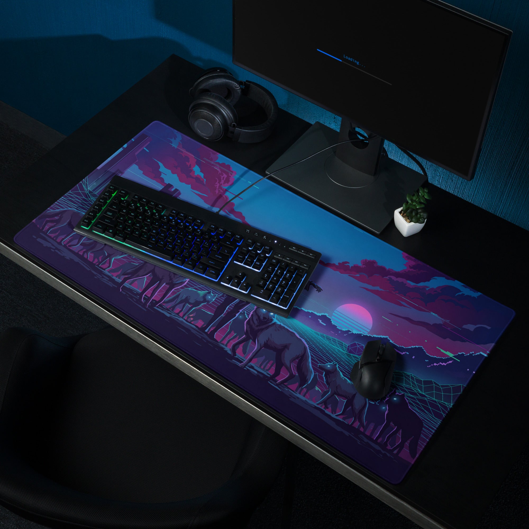Vaporwave wolf neon mouse pad featuring a vibrant cyberpunk sunset with silhouetted wolves in blue purple pink colors
