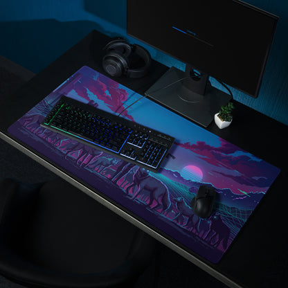 Vaporwave wolf neon mouse pad featuring a vibrant cyberpunk sunset with silhouetted wolves in blue purple pink colors