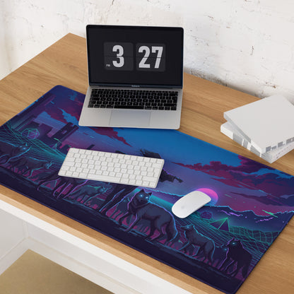 Vaporwave wolf neon mouse pad with navy blue and purple cyberpunk design featuring wolf silhouettes and neon cityscape