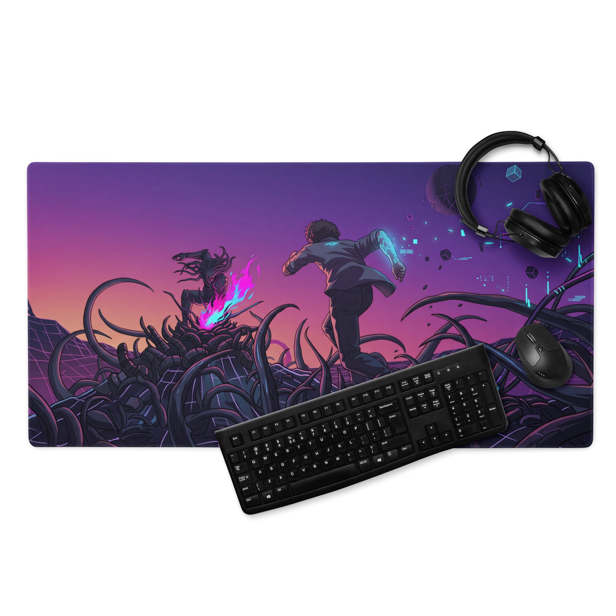 Neon vaporwave galaxy gaming mouse pad with purple and pink gradient featuring anime theme with keyboard headset and mouse on top