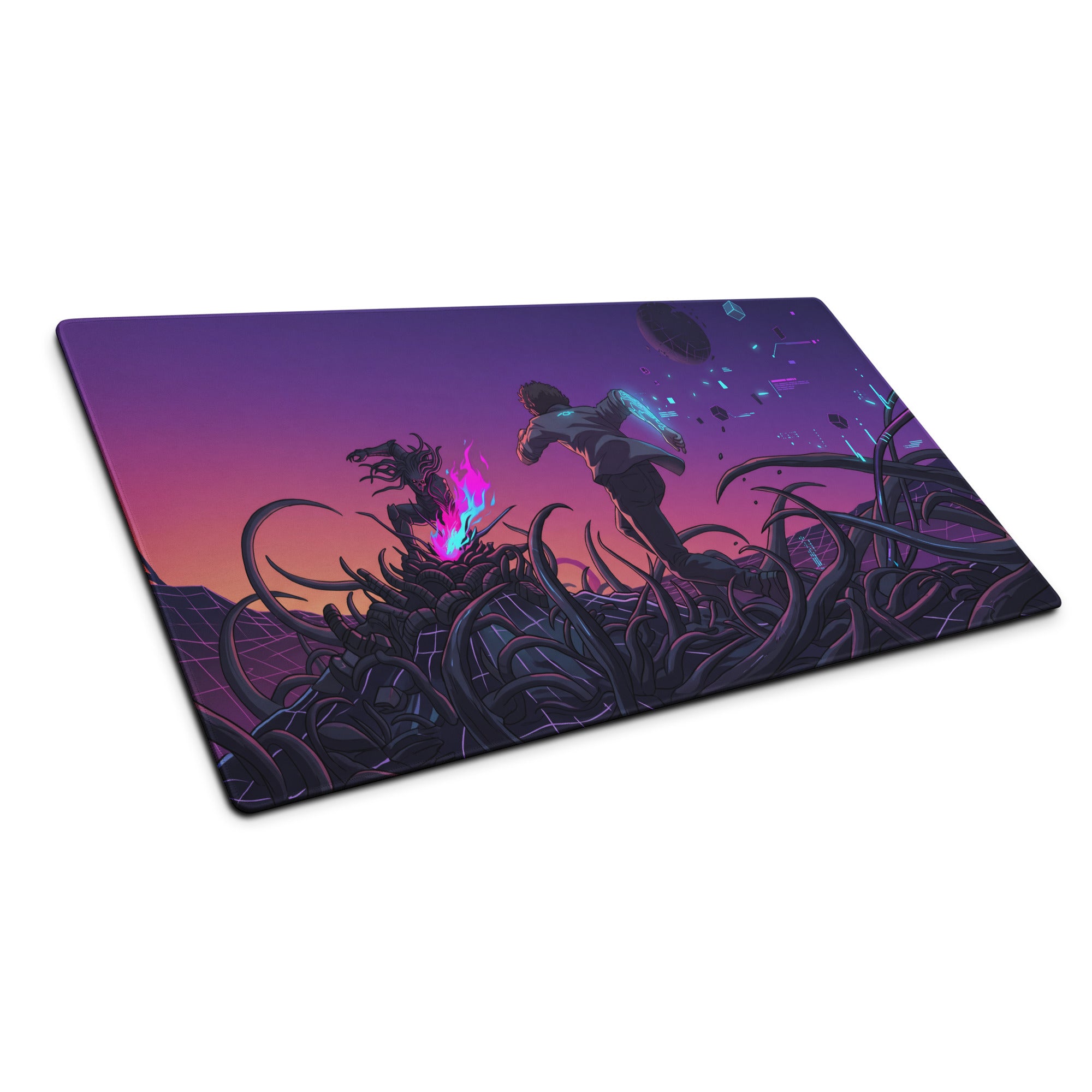 Neon vaporwave galaxy gaming mouse pad in purple and pink with dynamic anime battle and glowing blue energy effects