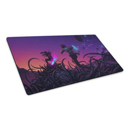 Neon vaporwave galaxy gaming mouse pad in purple and pink with dynamic anime battle and glowing blue energy effects