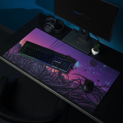 A vibrant purple and black neon vaporwave galaxy gaming mouse pad with glowing sci-fi accents for desk decor