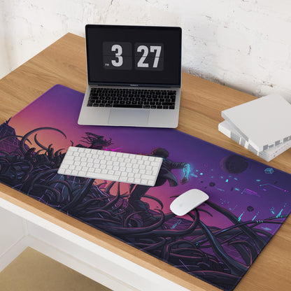 Neon vaporwave galaxy gaming mouse pad in purple and black with glowing blue neon accents for retro desk decor