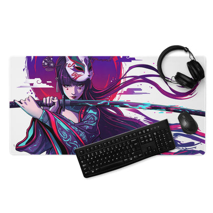 Vibrant vaporwave neon samurai mouse pad with a purple and teal anime geisha holding a sword on a red and blue swirl background