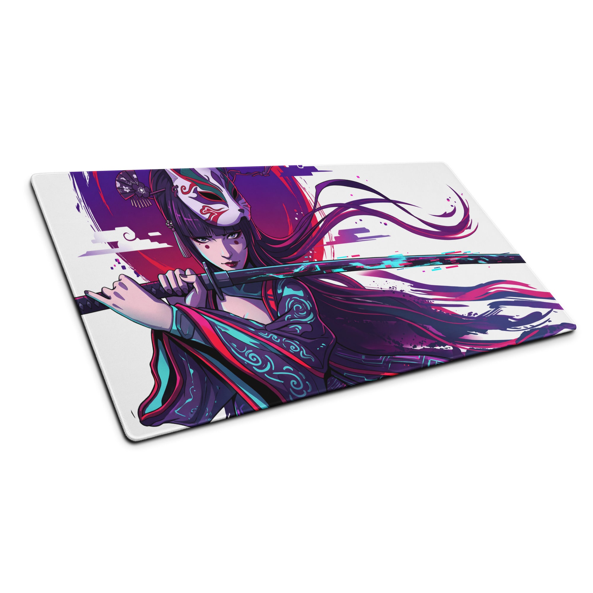 Vaporwave neon samurai mouse pad featuring a vibrant anime samurai woman in purple and teal robes with a sword