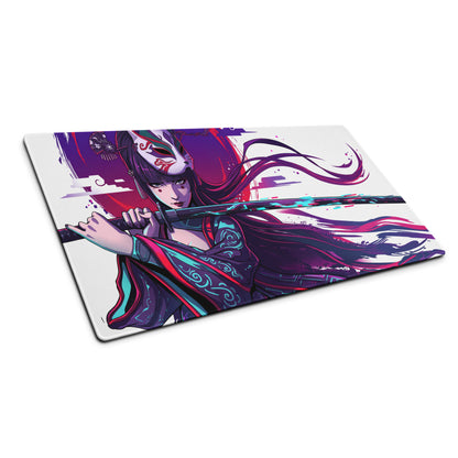 Vaporwave neon samurai mouse pad featuring a vibrant anime samurai woman in purple and teal robes with a sword