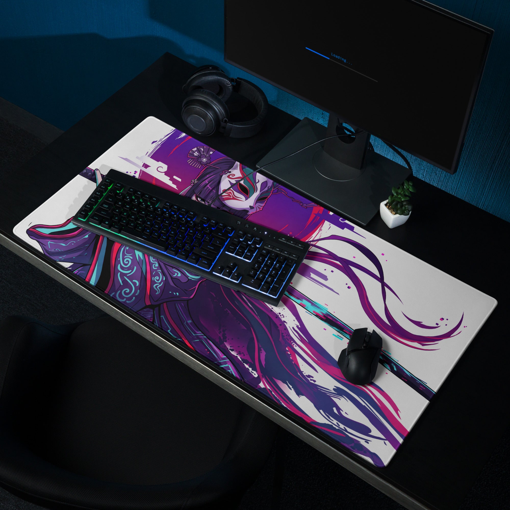 A vibrant purple and white vaporwave neon samurai anime gaming mousepad with a detailed flowing hair character design