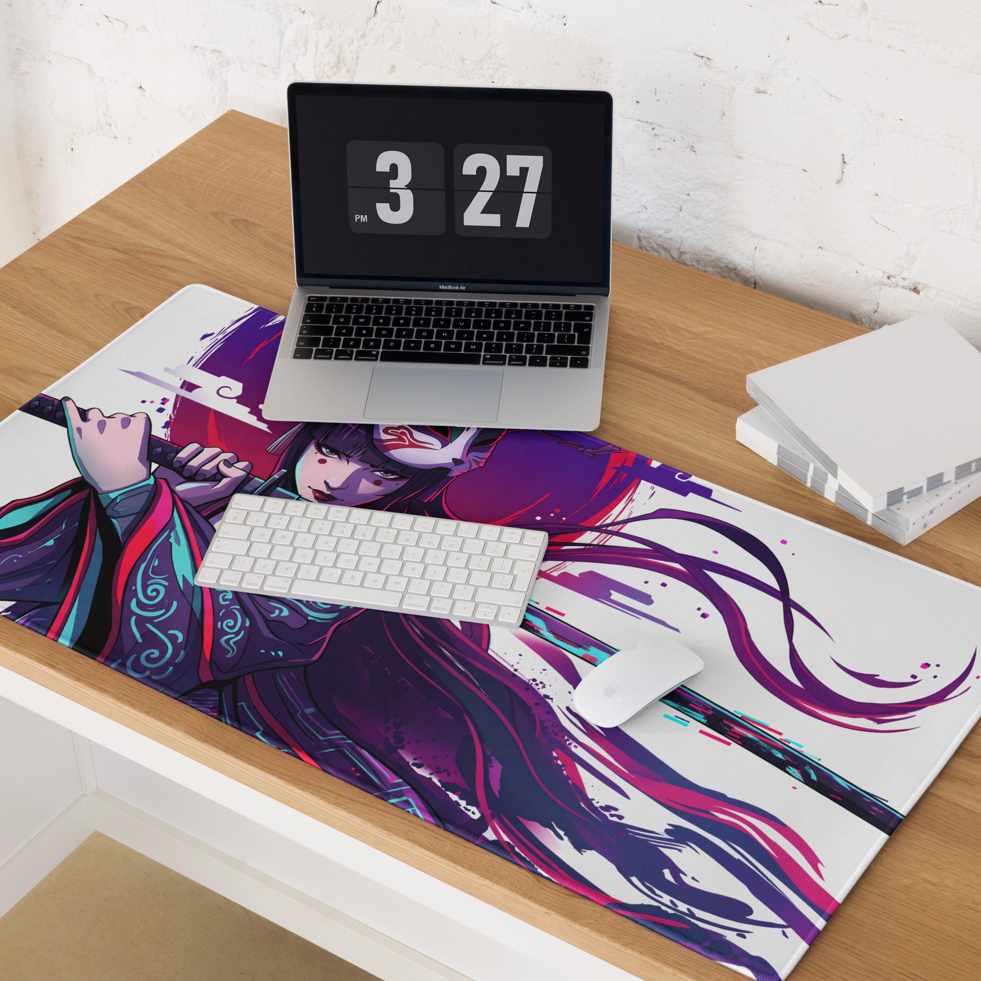 Vibrant anime-themed vaporwave neon samurai mouse pad featuring a dynamic character in purple and red robes on white background