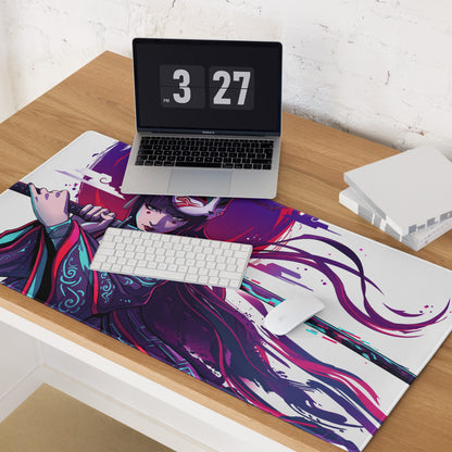 Vibrant anime-themed vaporwave neon samurai mouse pad featuring a dynamic character in purple and red robes on white background