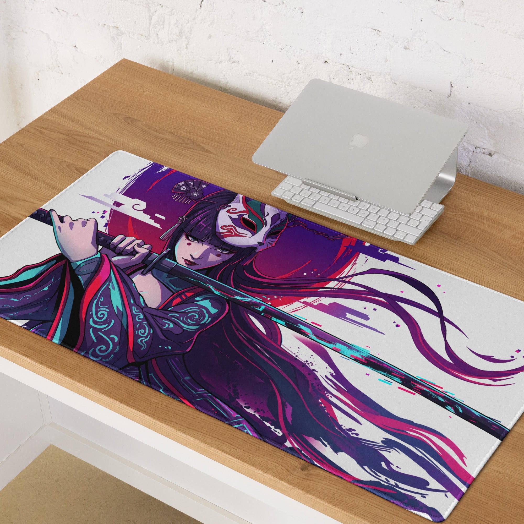 A vibrant vaporwave neon samurai gaming mouse pad featuring a detailed anime masked warrior in purple and teal robes