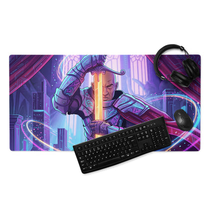 Neon vaporwave samurai mouse pad with purple and blue neon armored warrior holding glowing sword digital art design