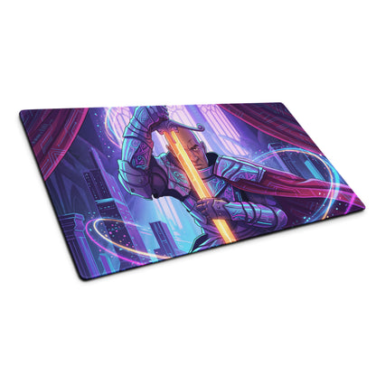 Neon vaporwave samurai mouse pad with vibrant purple and blue neon armored warrior and futuristic cityscape design