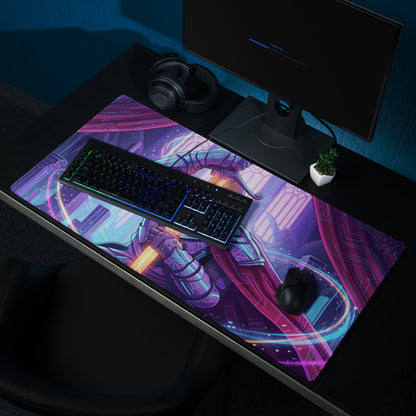Neon vaporwave samurai mouse pad with vibrant purple and pink neon colors featuring detailed fantasy character design
