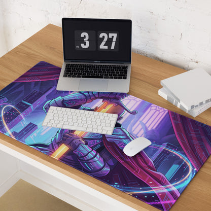 Neon vaporwave samurai mouse pad with vibrant purple and blue neon colors featuring futuristic armored character design