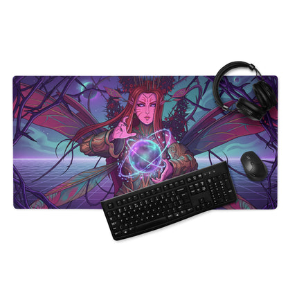 Vaporwave elf neon mouse pad with a vibrant purple and teal fantasy design featuring a winged character and glowing orb
