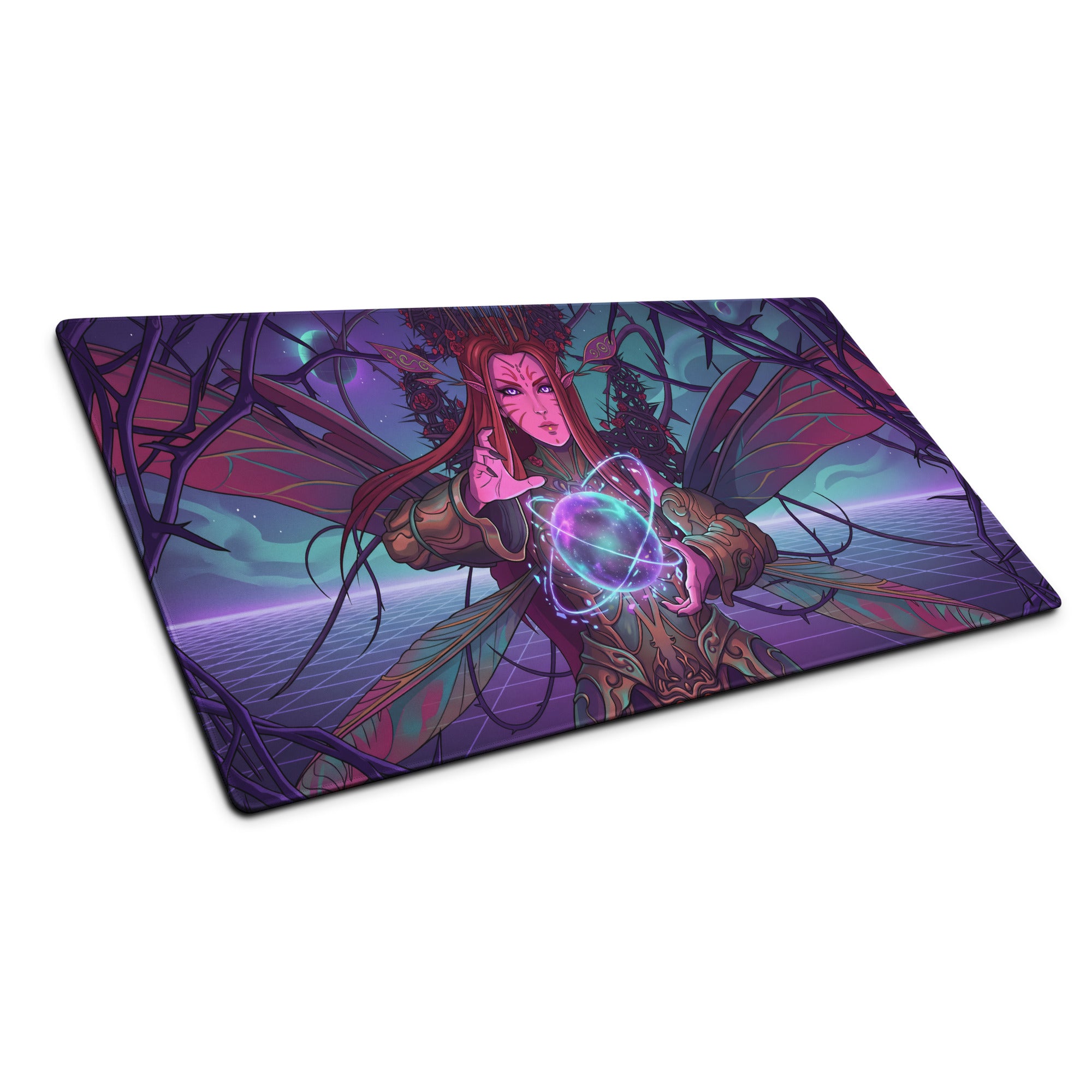 Purple and teal vaporwave elf neon mouse pad with fantasy character wings holding glowing orb for gaming desks