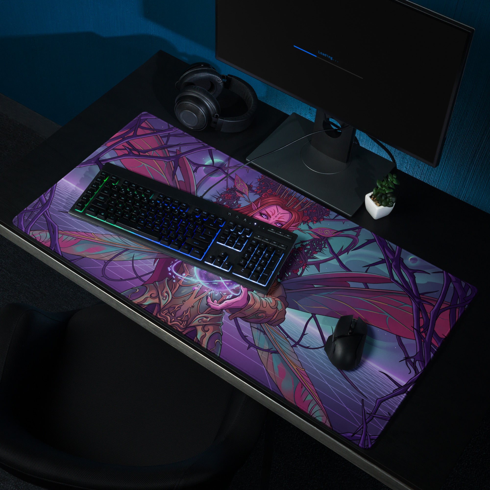 Vaporwave elf neon mouse pad with vibrant purple pink blue fantasy wings design under keyboard and mouse