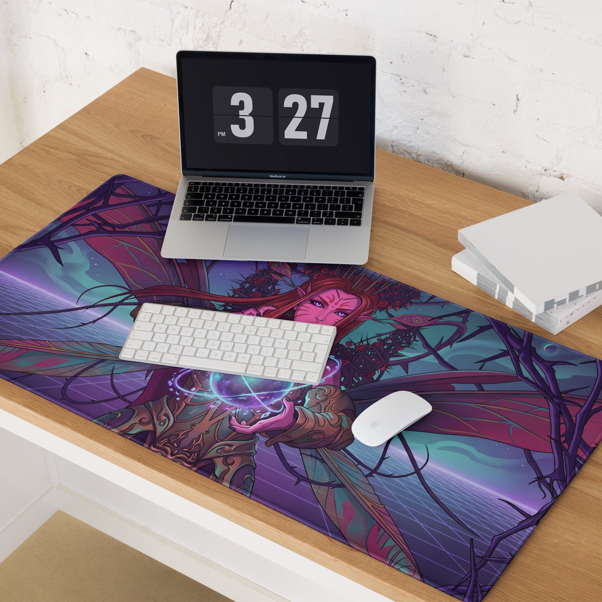 Purple and teal vaporwave elf neon mouse pad with illustrated fairy wings intricate patterns and glowing magical effects