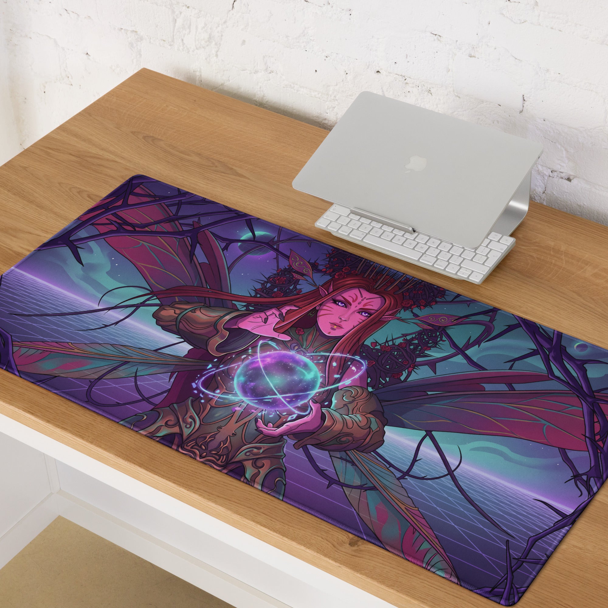 Vibrant purple and teal fairy neon mousepad with glowing orb illustration perfect for vaporwave themed desks