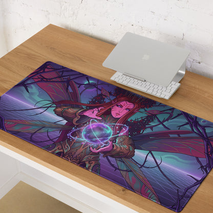 Vibrant purple and teal fairy neon mousepad with glowing orb illustration perfect for vaporwave themed desks