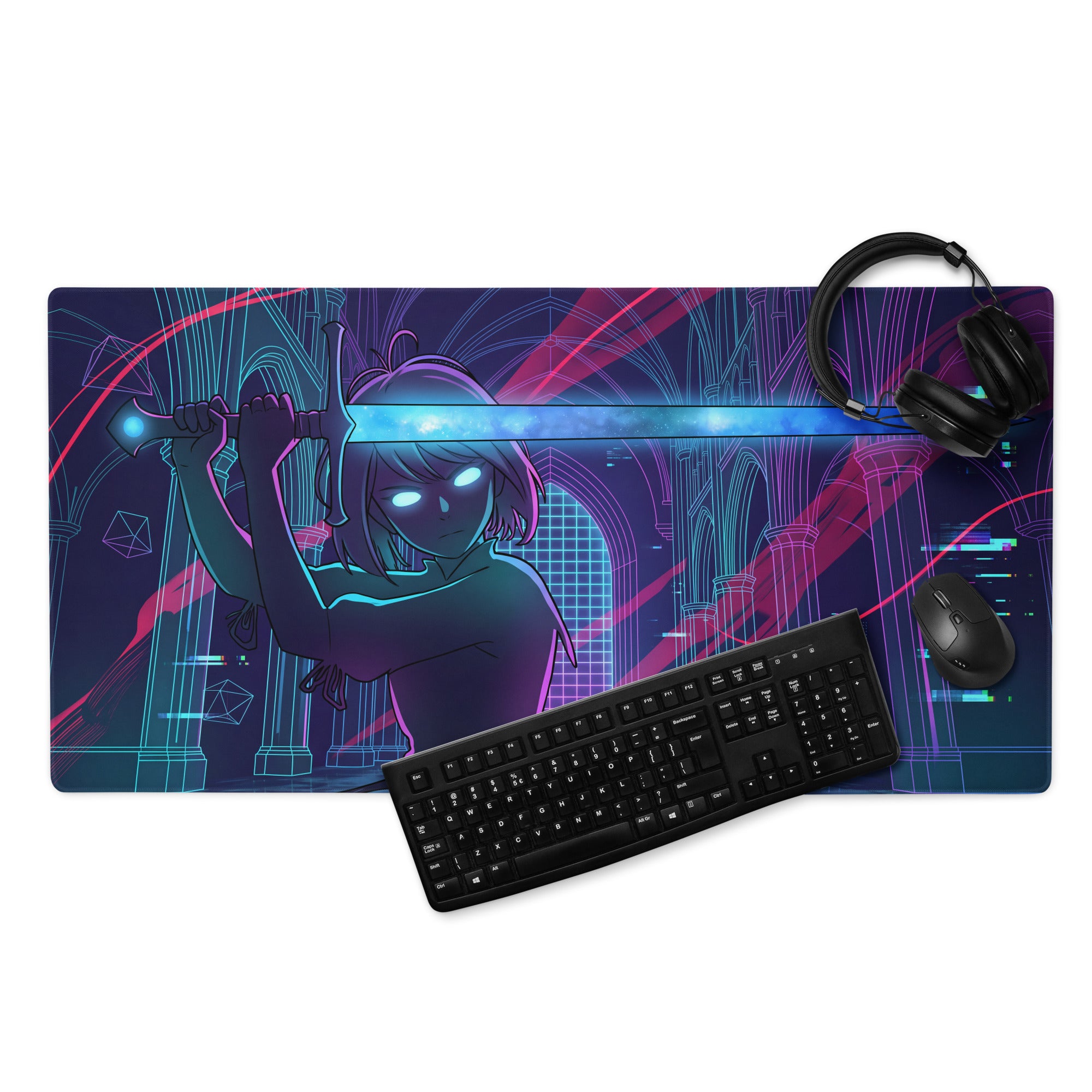 Vaporwave neon blade gaming mouse pad with anime character glowing sword in purple blue pink cyberpunk design