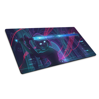 Vaporwave neon blade gaming mouse pad with nebula theme anime character and neon pink blue purple geometric lines design