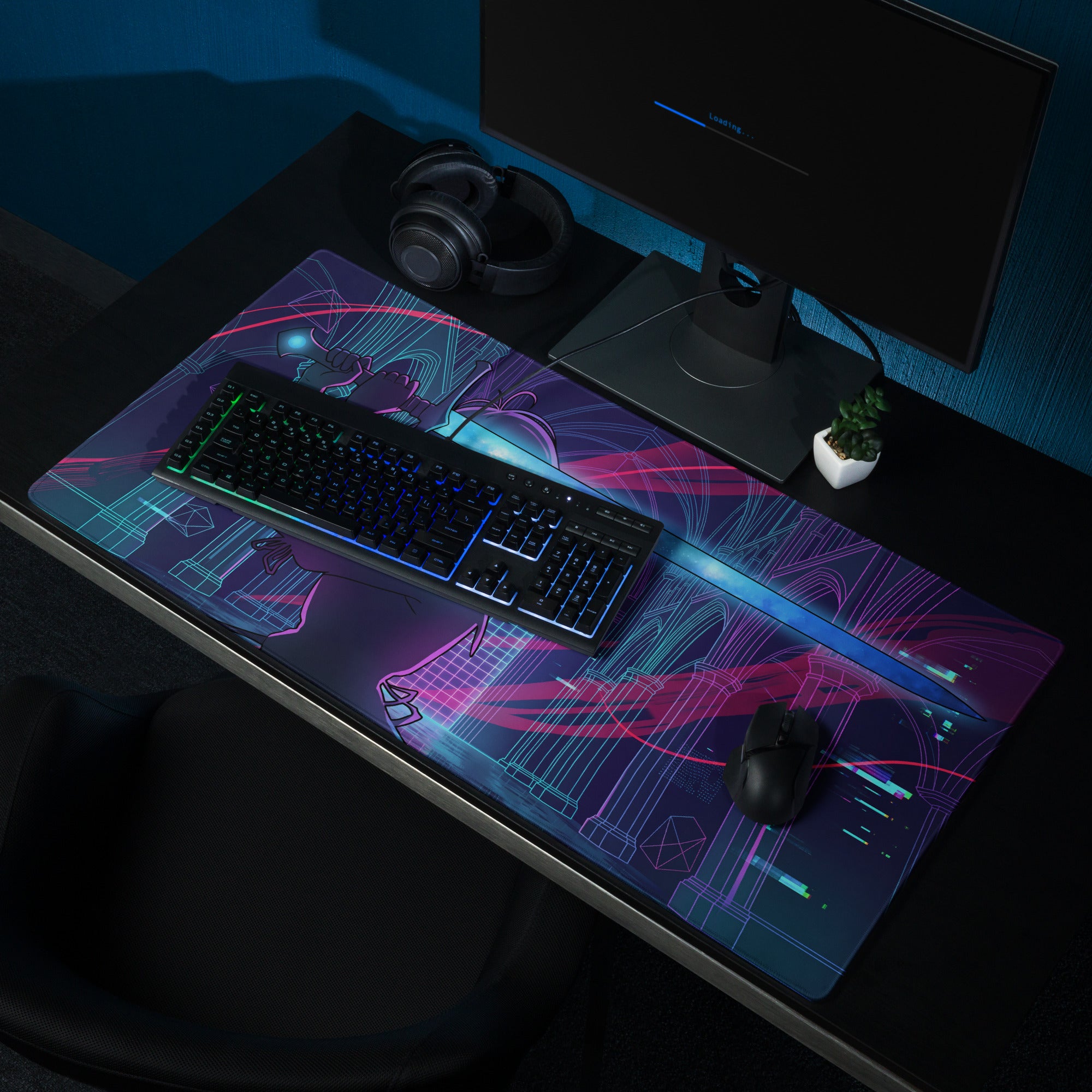 Vaporwave neon blade gaming mousepad with vibrant neon pink blue purple geometric nebula design on smooth surface