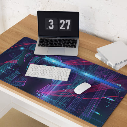 Navy blue and magenta neon cyberpunk gaming mousepad with stylized anime character design vaporwave digital art