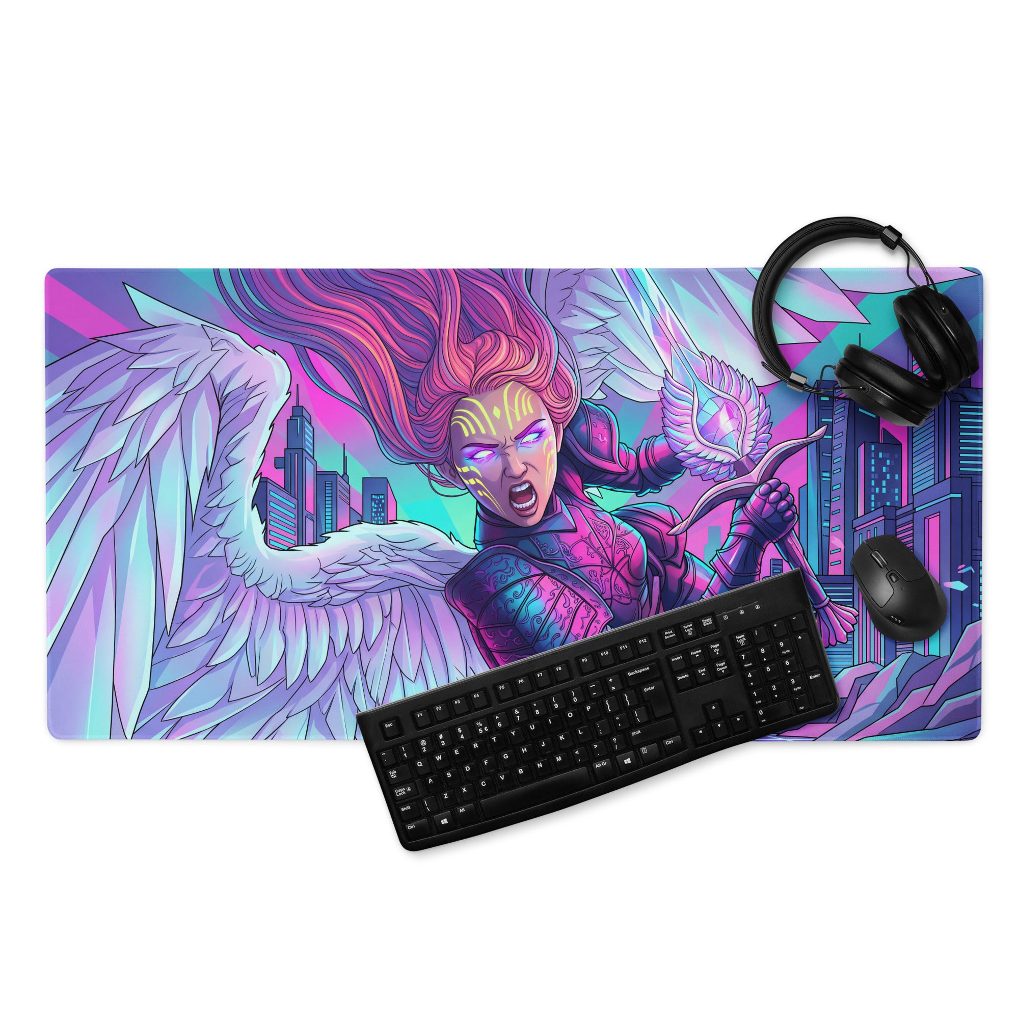 Vibrant neon pink and purple gaming mousepad with winged warrior and futuristic cityscape vaporwave design