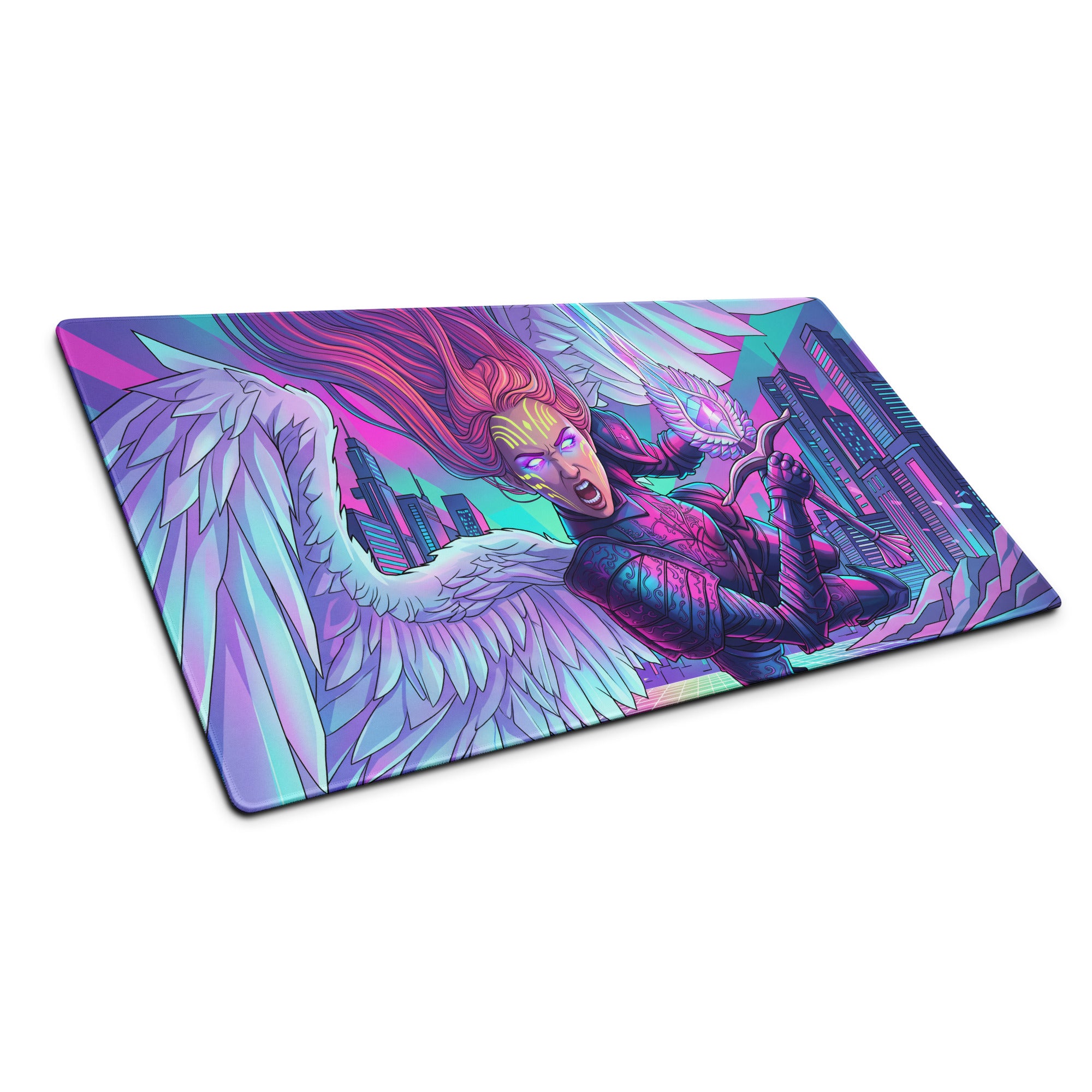 Vibrant neon pink and purple vaporwave angel city gaming mousepad with red-haired angel and futuristic cityscape design