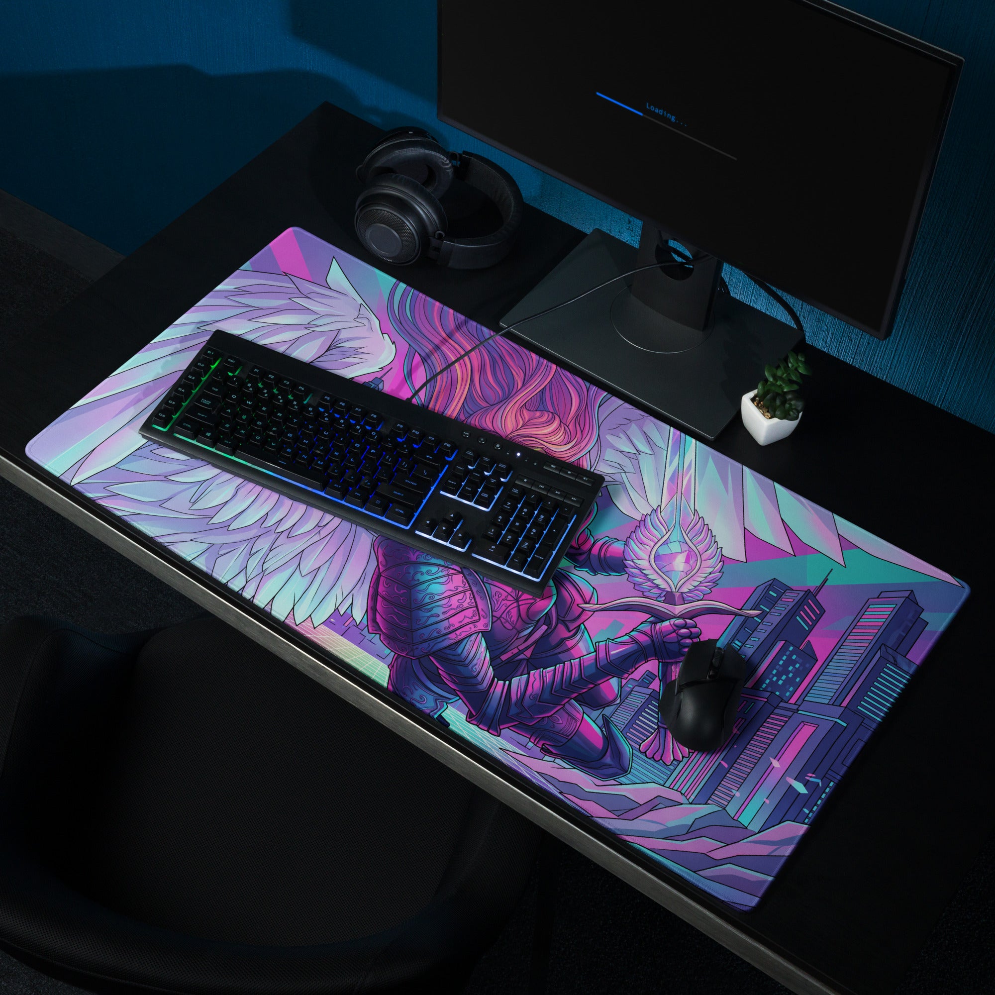 Vaporwave angel city gaming mousepad with neon pink purple cyan angel archer wings on futuristic cityscape design