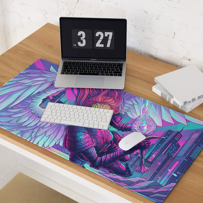 Vibrant purple and teal vaporwave angel city gaming mousepad with neon pink and cyan fantasy warrior wings design