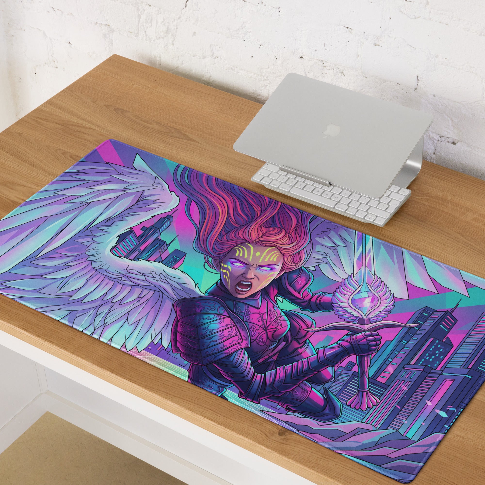 Vibrant purple and pink vaporwave angel city gaming mousepad with winged warrior glowing eyes and futuristic cityscape design