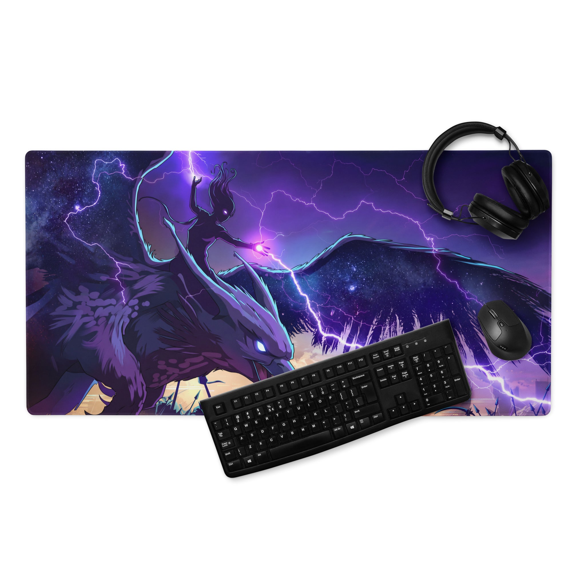 Purple and black vaporwave dragon neon mouse pad with printed fantasy design of dragon and warrior under lightning
