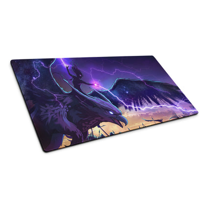 Purple and black vaporwave dragon neon mouse pad featuring a winged creature under epic lightning for gaming desks