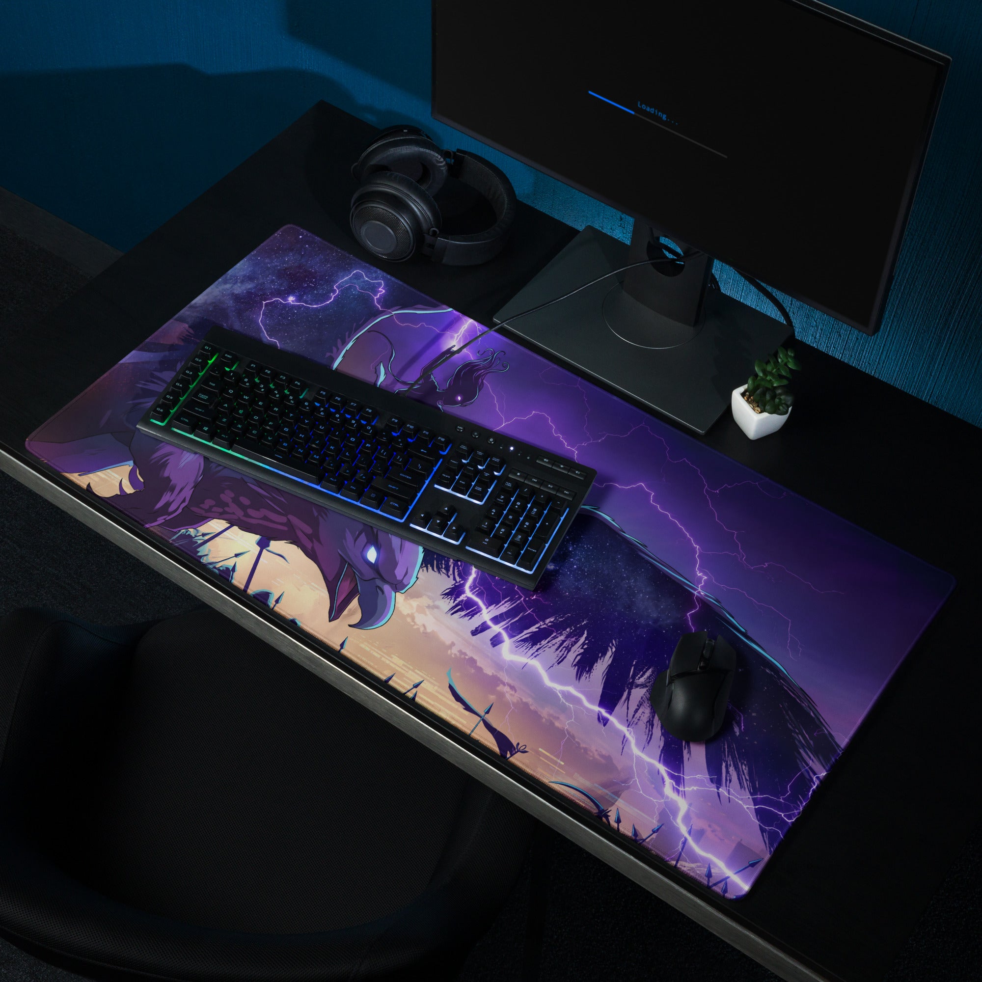 Purple and black vaporwave dragon neon gaming mousepad with lightning bolts and fantasy creature design for desk use