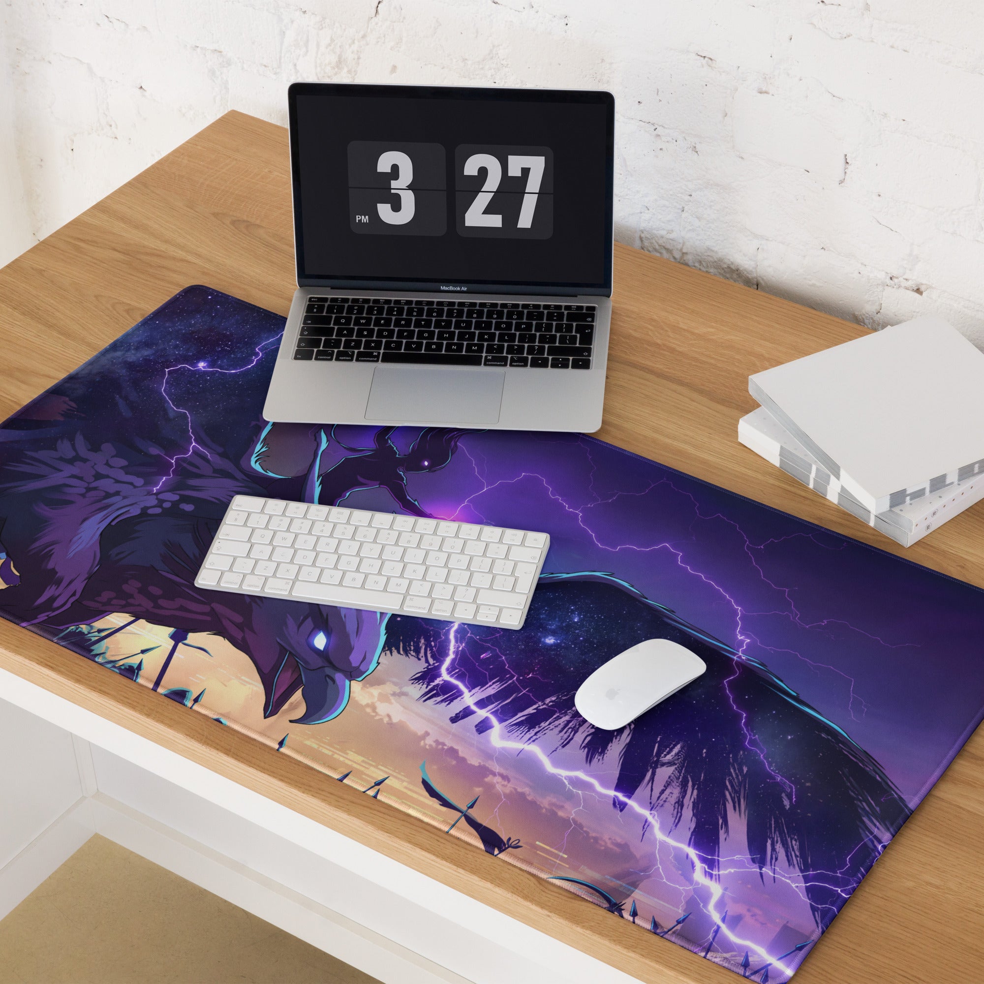 Purple and black cosmic-themed vaporwave dragon neon mouse pad with stylized bird and lightning over palm trees