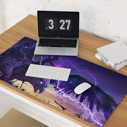 Purple and black cosmic-themed vaporwave dragon neon mouse pad with stylized bird and lightning over palm trees