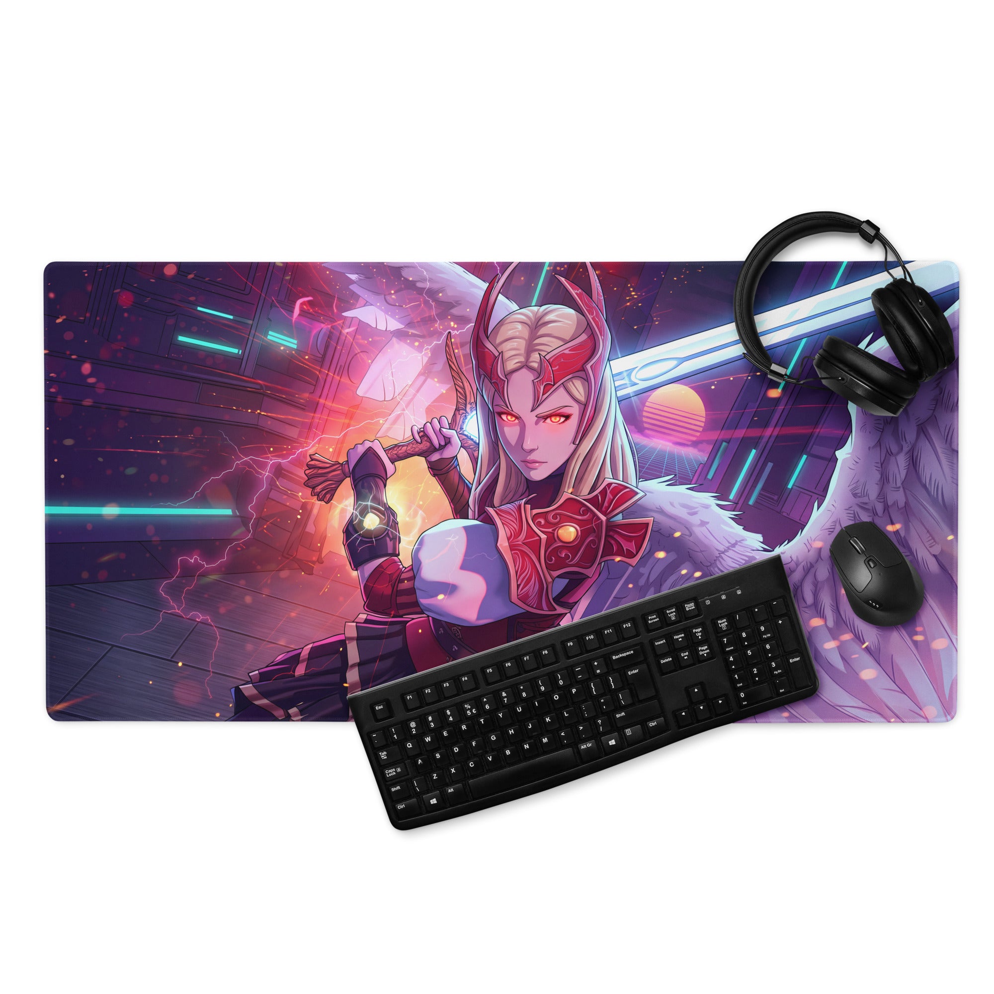 Vaporwave neon valkyrie mouse pad with vibrant purple and red fantasy warrior design on neon-lit sci-fi surface for gaming