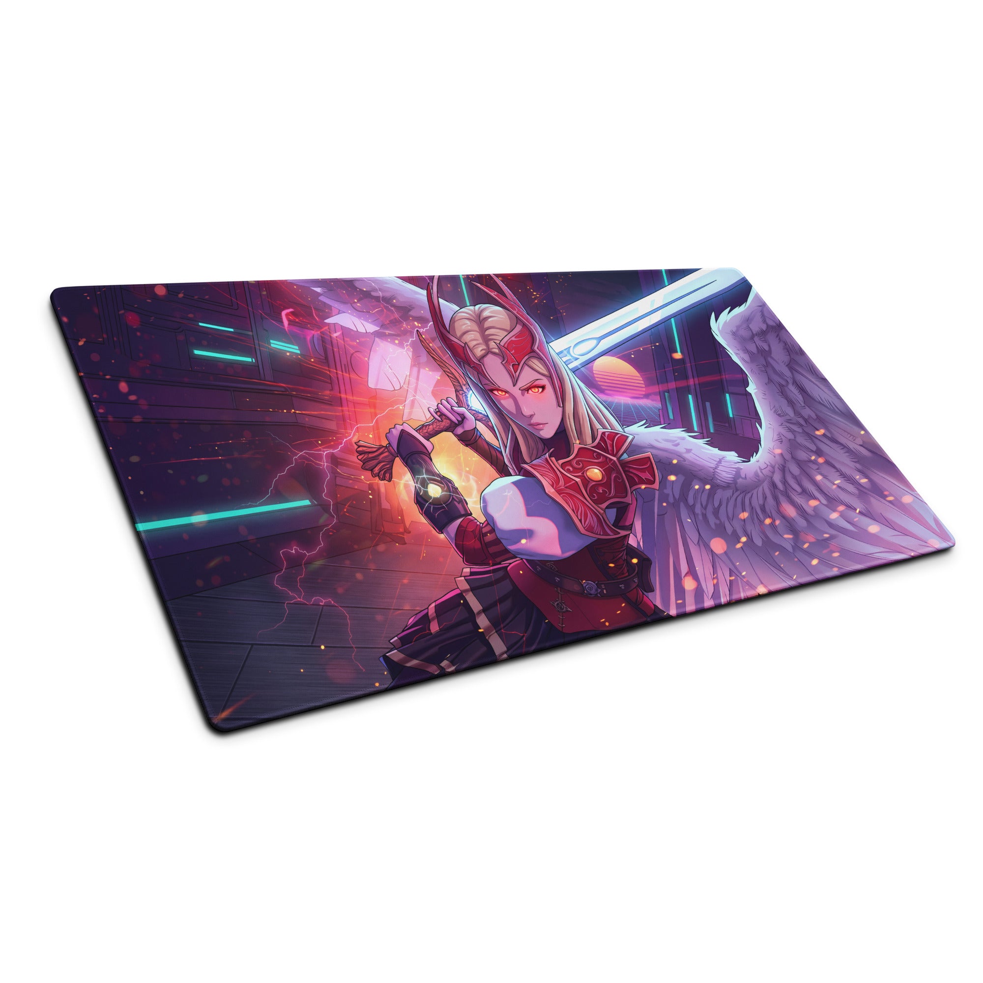 Rectangular gaming mousepad with vibrant angelic warrior in red and purple armor and neon glowing sword vaporwave style