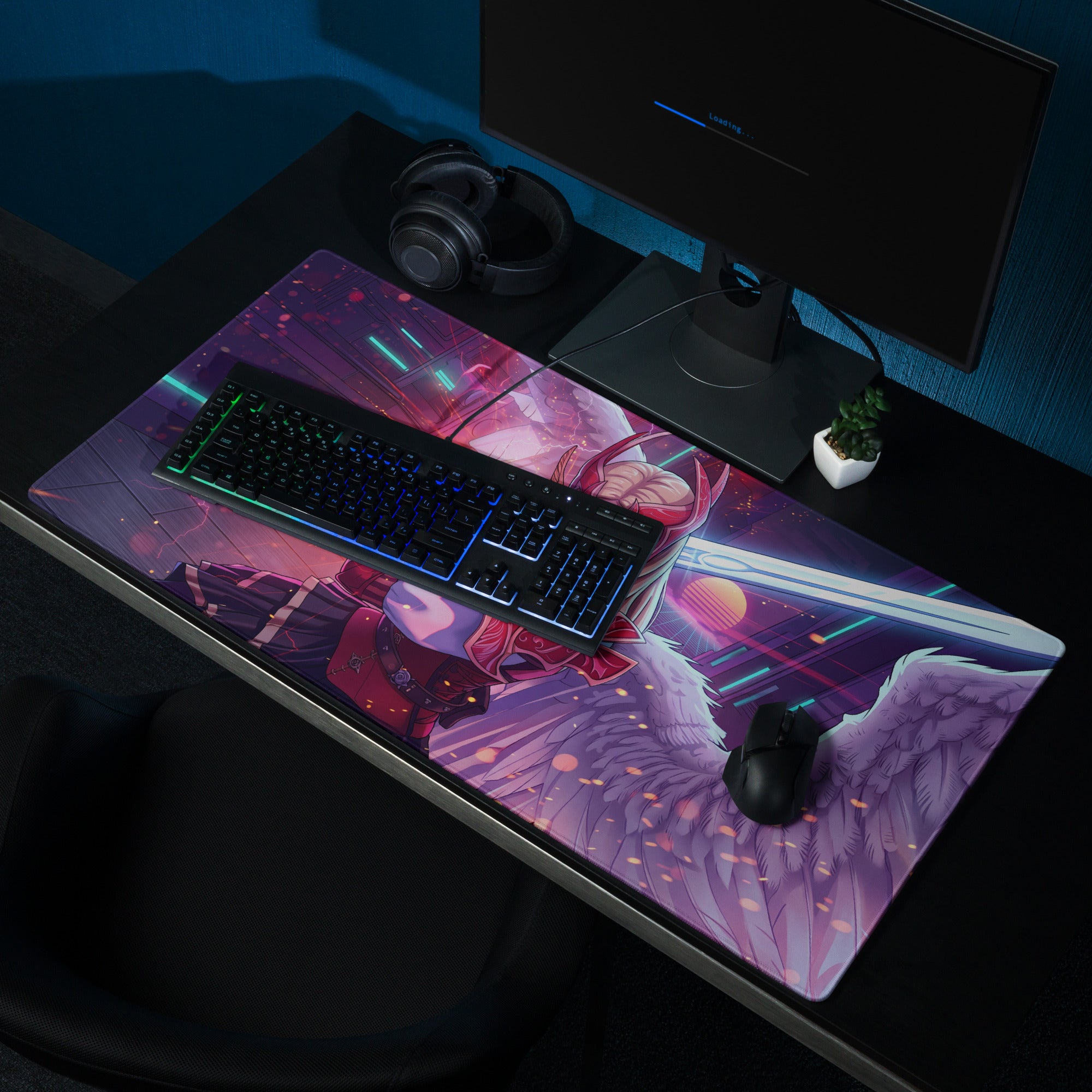 Vibrant purple and pink vaporwave neon valkyrie gaming mousepad with winged character and glowing neon accents