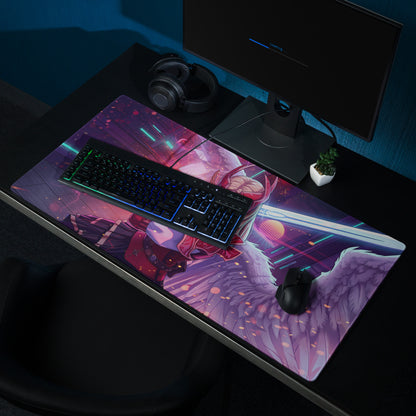 Vibrant purple and pink vaporwave neon valkyrie gaming mousepad with winged character and glowing neon accents