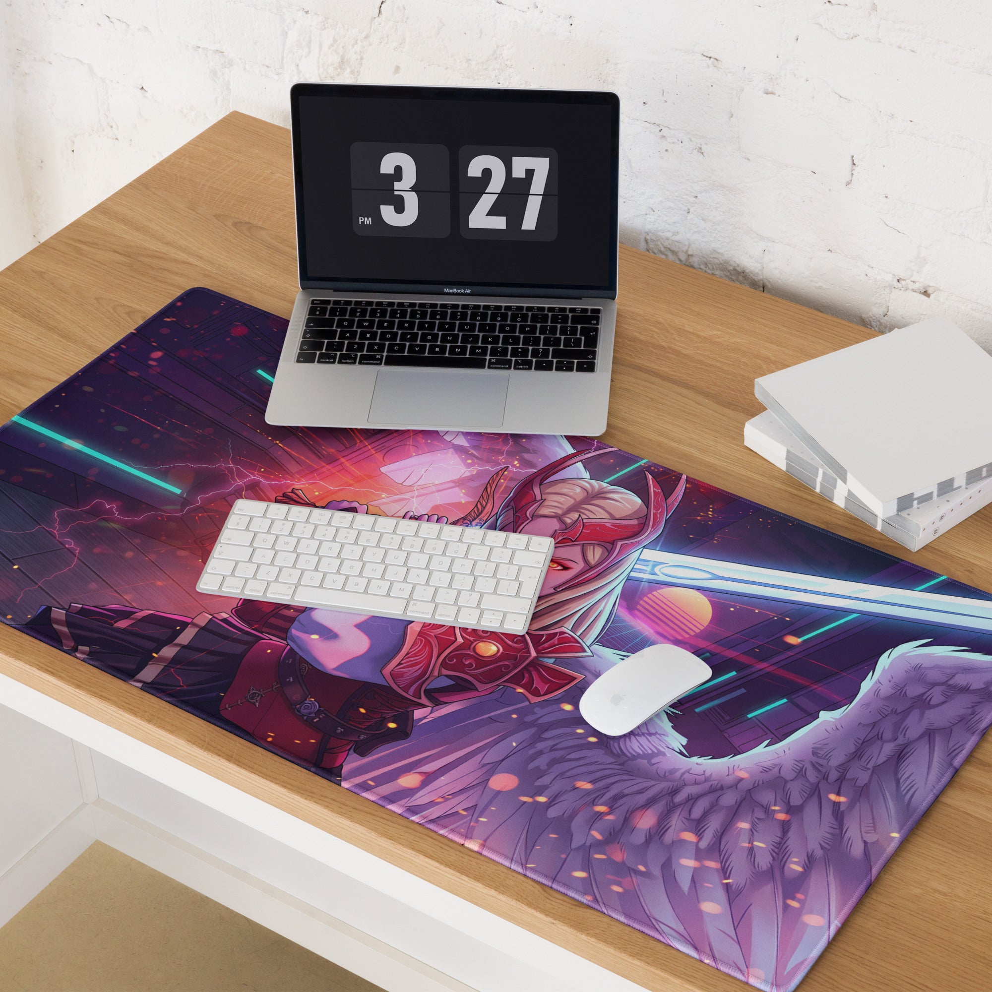 Vibrant purple and pink vaporwave neon valkyrie gaming mousepad featuring a winged warrior with glowing accents