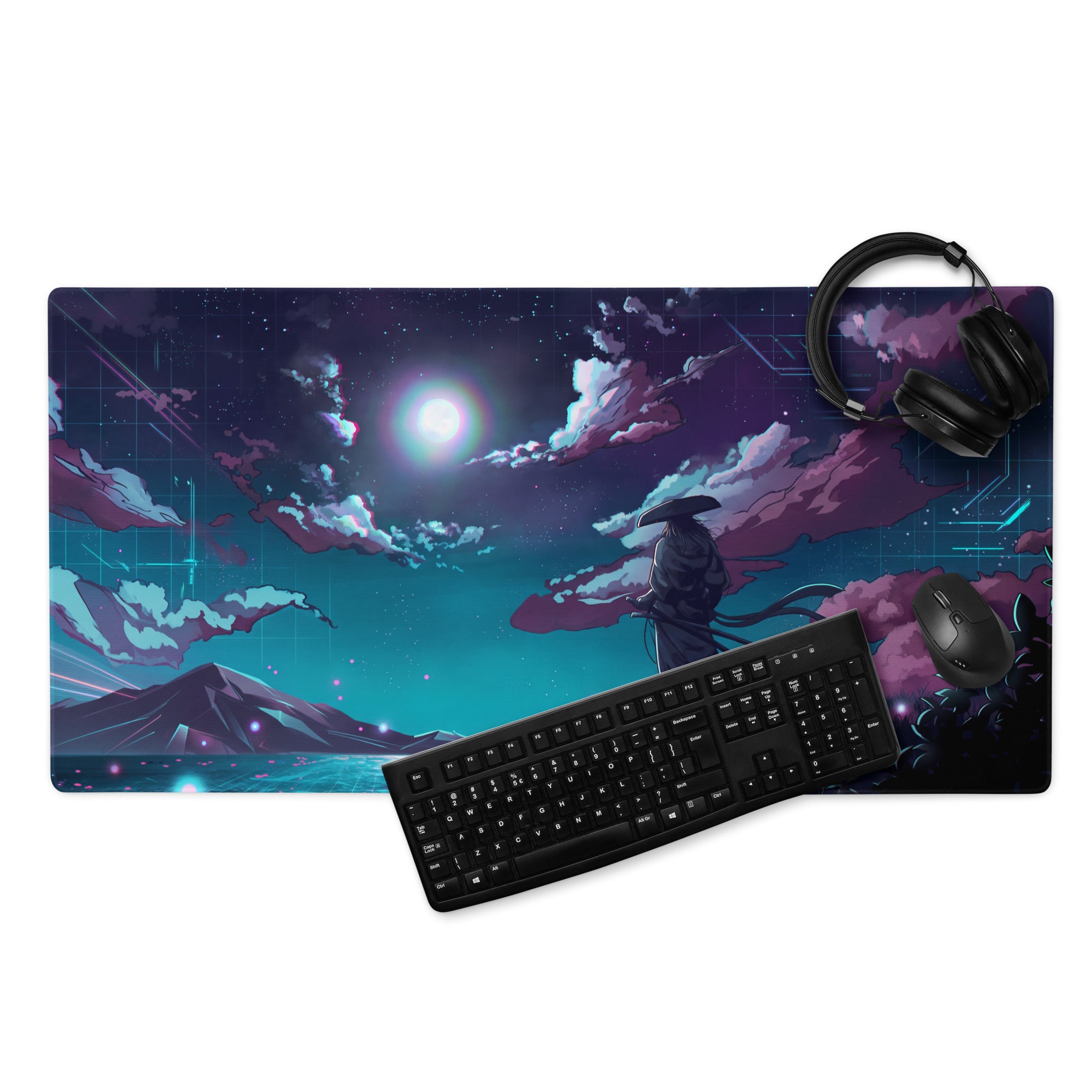 Rectangular neon night vaporwave mouse pad with anime-style glowing moon purple teal clouds and stylized mountains