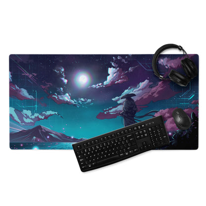 Rectangular neon night vaporwave mouse pad with anime-style glowing moon purple teal clouds and stylized mountains